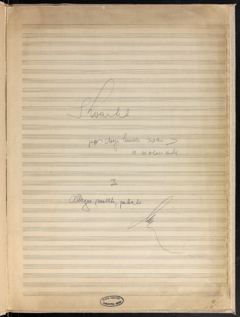 Titulní strana autografní partitury Smyčcového kvartetu č. 1 g moll, op. 21. Brno, MZK, sign. RKPMus-0856.179